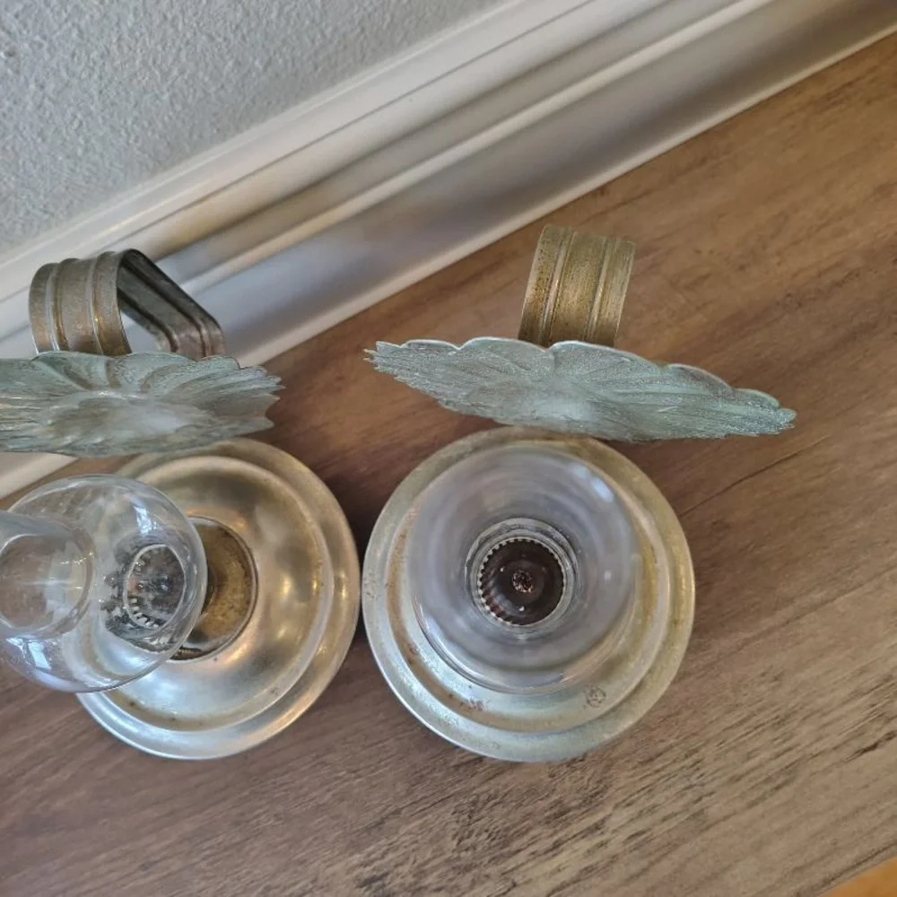 Vtg MCM Metal Oil Hanging Lanterns Nautical Patina Decor Pair Of 2 Wall Decor